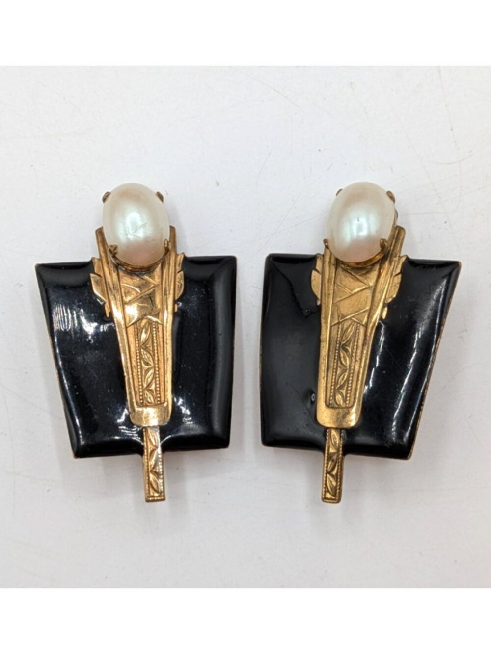 Gold-Tone Black Enamel & Pearl Drop Earrings